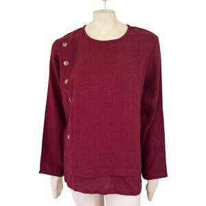 NEW TOOFAN 100% Linen Asymmetric Button Long Sleeve Layered Tunic in Maroon SZ L